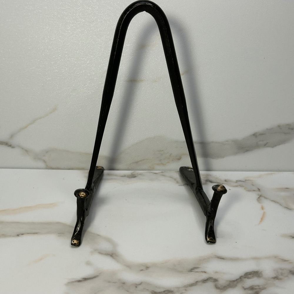 Vintage Wrought Iron Plate Easel Stand Black Metal Art Display Railroad Nails